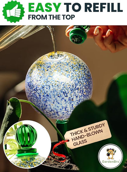 16 Oz Plant Watering Globes for Indoor Plants with Metal Self Watering Planter Insert - Premium XL Glass Hand-Blown Globe - Automatic Plant Waterer Indoor, Gift Idea for Gardener [1 Globe, Blue Gold]