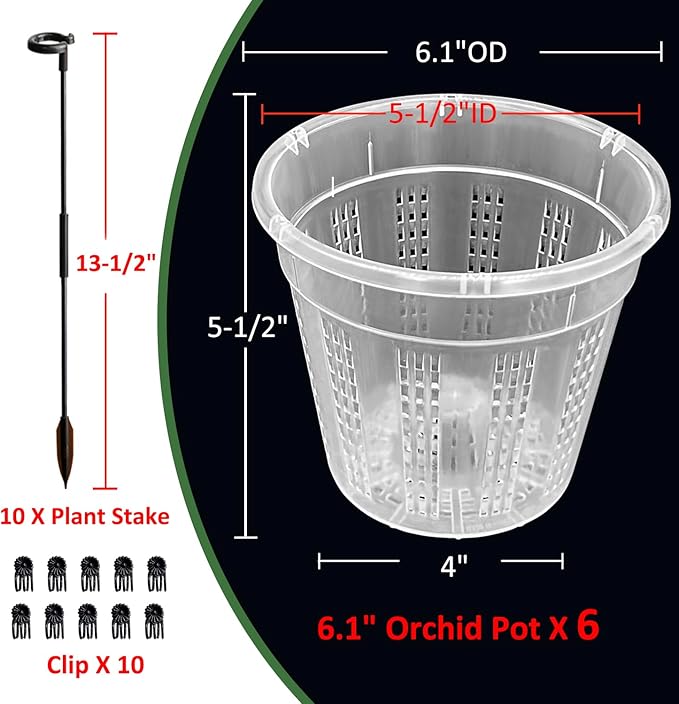 Orchid Pots, 6 Pack 6.1" Orchid Pots with Holes and 10Pcs Plant Stakes, Clear Plastic Plant Pot for Indoor Outdoor Plants(6 Pack 6.1")