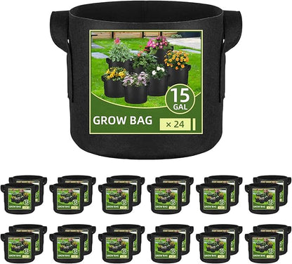 24 Pack 15 Gallon Grow Bags, Heavy Duty Thickened Aeration Fabric Pots with Handles for Vegetable/Flower/Plant
