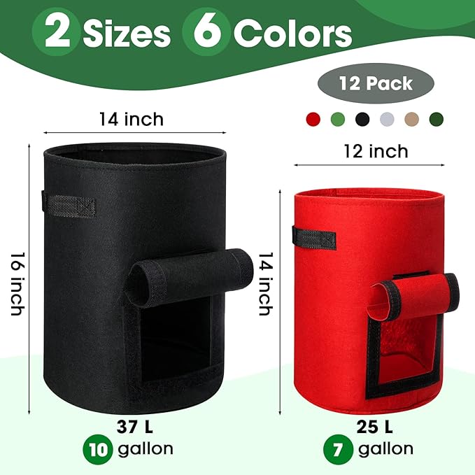 12 Pack Potato Grow Bags 10 Gallon 7 Gallon Garden Planting Bag with Flap Vegetable Grow with Handles and Harvest Window Thickened Nonwoven Fabric Pots for Tomato Vegetable and Fruits(Mix Color)