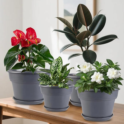 6-inch-Plant-Pots-Indoor-Outdoor, 6 Pack Plastic Planters with Drainage Holes & Saucers, Resin Flower Pots with Trays, Classic Garden Pot Container for House