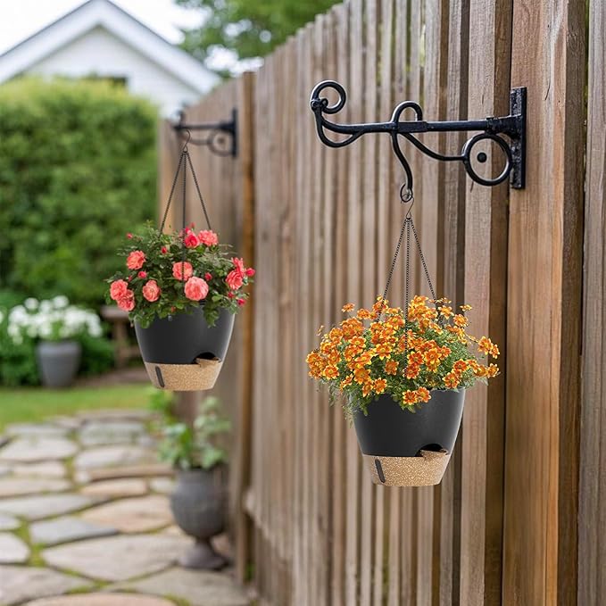 Set of 2 Hanging Planters for Indoor Plants with Self Watering Includes Hanging Pots and 2 Types Plant Hangers, Outdoor Hanging Baskets Holder for Home Garden, 10 Inch Midnight Black