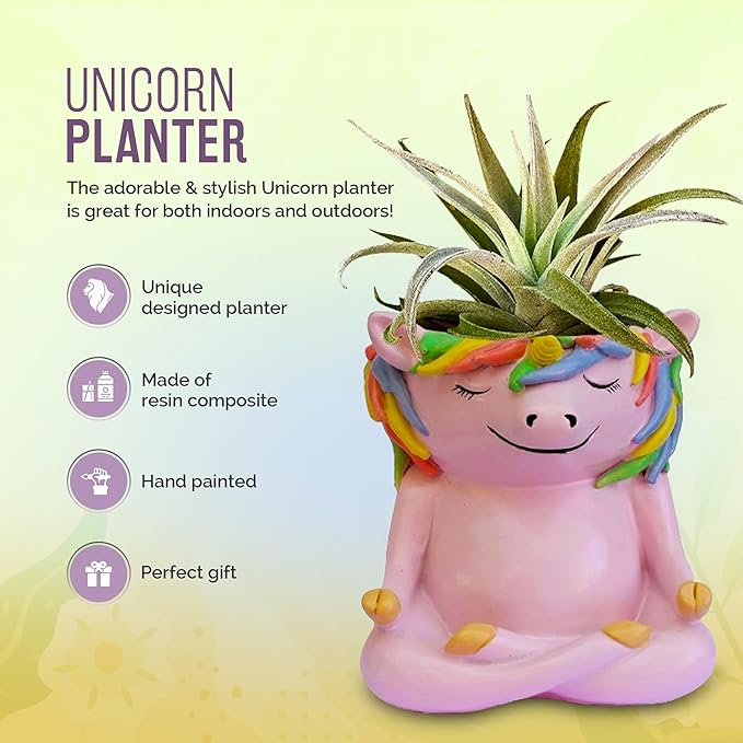 GFF Grass Flip Flops Meditating Animals Unicorn Planter - 4.1H x 3.5W x 3D Inch Plant Pot for Succulents Flower Herb Houseplant Live Plants Stand Garden Home Office Kitchen Decor