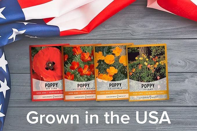 Gardeners Basics Poppy Seeds for Planting Outdoors Flower Seeds (Variety Pack of 4) Poppies Iceland, California, California Mikado and Red Corn Varieties for Bees, Pollinators Wildflower Seed