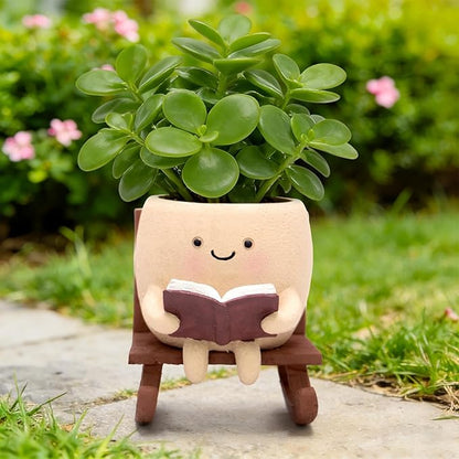 Rocking Chair Book Planter, Cute Smiley Face Succulent Plant Pots for Indoor Outdoor Plants, Unique Funny Flower Pots with Drainage Hole, Plant Gifts for Mother's Day, Birthday, Christmas