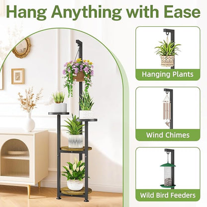 iDavosic.ly 4 Tier Hanging Plant Stand Indoor, Tall Vertical Corner Metal Flower Heavy Duty Pot Holder Shelf for Patio Porch Living Room, Modern Black & Rustic Brown - Round