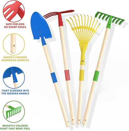 Kids Wheelbarrow Set with Gardening Tools Outdoor Backyard Garden Play for Toddlers Boys Girls 3-8, with Shovel, Rake, Leaf Rake, Easter Birthday Gifts (Red Garden Set)