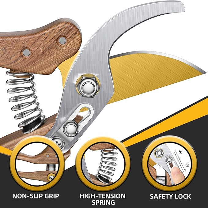 DECERK 8.5" Professional Bypass Pruning Shears – Heavy Duty Garden Scissors & Clippers for Wood & Tree Trimming, Ultra Sharp SK5 Blade, Ergonomic Handle, Perfect Gardening Gift, 2025 Wood-Like Finish