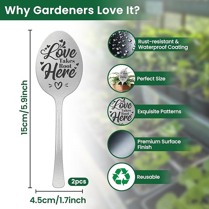 CUTHOLLOW Garden Plant Marker Love Takes Root Here, 2pc Metal Spoon Labels for Outdoor Waterproof - Friendship Gifts for Gardeners Woman, Decorative Garden Plant Tags
