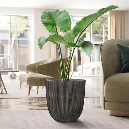 Vintage Black Cement-Look Ribbed Planter, 14.8"H Tall Tapered Egg-Shaped Plastic Plant Pot with Drainage Hole & Plug, Large Modern Indoor Outdoor Flower Pot for Home, Garden, Patio and Houseplants