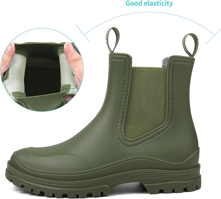 DKSUKO Rain Boots Women Waterproof Chelsea Boots Ankle Garden Shoes for Ladies Rubber Short Rainboots with Removable Comfort Insole for Outdoor Work Deck Mud Boots