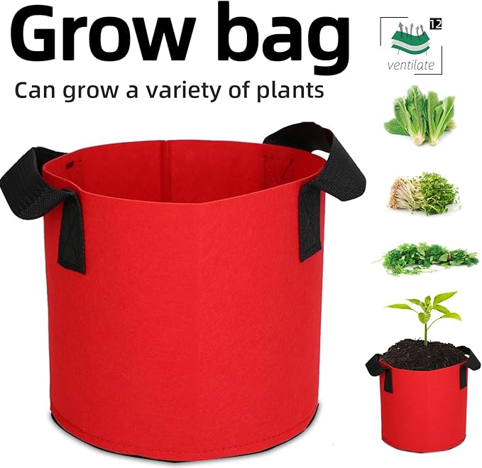 Grow Bags,Growing Pot Bags Garden Grow Bag Indoor Outdoor Fabric Aeration Plant Pot Container Flower Vegetable Pouch (Red,12Gallon)