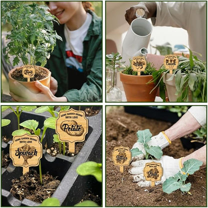 arricraft 15 Pcs Plant Labels, Wooden Markers Irregular Circle Tags Garden Labels with Printed Retro Pattern Wood Garden Stakes for Indoor and Outdoor Potted Vegetable Seed