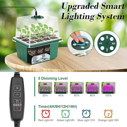 Mckanti 4 Set Self-Watering Seed Starter Tray Kits with Grow Light, Reusable Seed Germination Kit with Adjustable Humidity Domes and Silicone Cell Base Tray for Indoor Plant Seed Germination