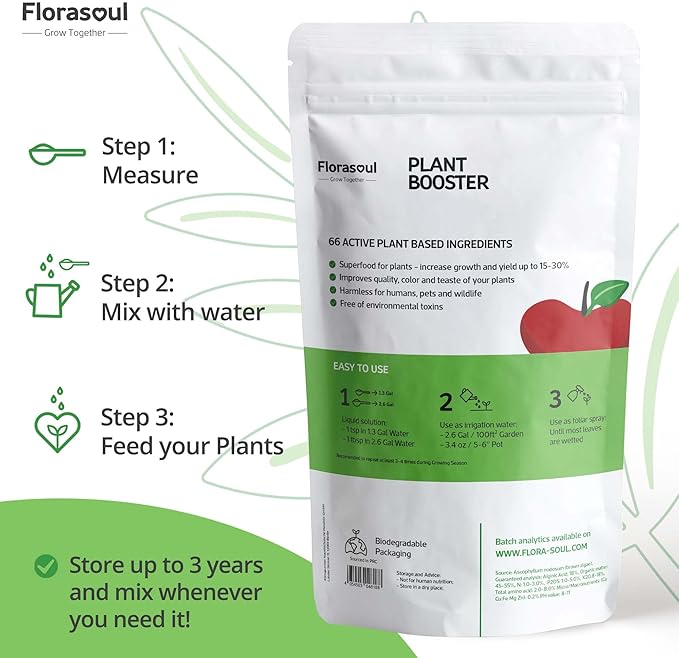 Florasoul® Odorless Organic Seaweed Fertilizer Flakes (2.2 lbs) – Water-Soluble Kelp Extract – Vegan & Plant-Based Nutrient Booster – No Fishy Smell – Makes 250+ Gallons