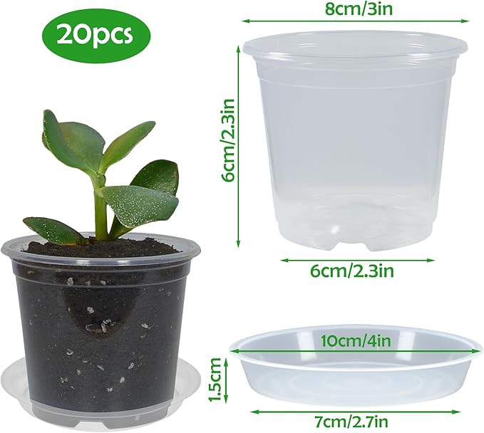20 Pack 3 Inch Clear Nursery Pots with Drainage and 20 Pack Plant Saucers, Plant Pots for Plants Transparent Potting Containers for Plants Seeding Starter Pot (Clear, 3 Inch)