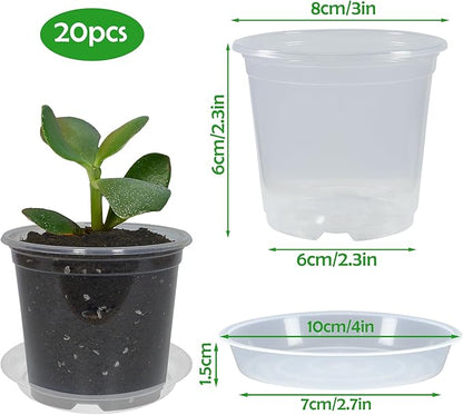 20 Pack 3 Inch Clear Nursery Pots with Drainage and 20 Pack Plant Saucers, Plant Pots for Plants Transparent Potting Containers for Plants Seeding Starter Pot (Clear, 3 Inch)