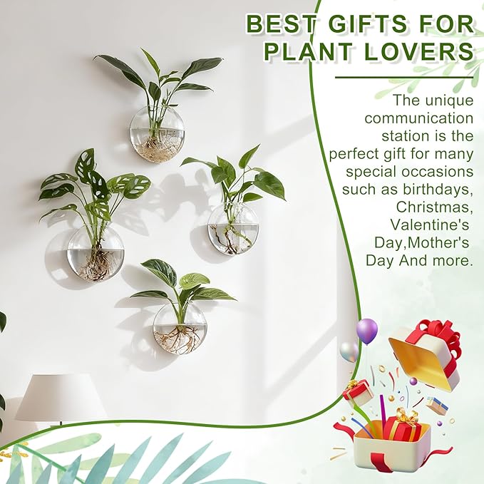 4Pcs Wall Hanging Planter Propagation Stations Glass Terrariums Vase for Hydroponics Plants, Bathroom, Home Office Living Room Decor Gift