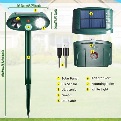 2Pack Solar Ultrasonic Animal Repellent Outdoor with Motion Detection&Flash Light,USB Rechargeable Waterproof Cat Repellent Outdoor Keep Deer Squirrel Rabbit Opossum Raccoon Away for Yard Garden Lawn