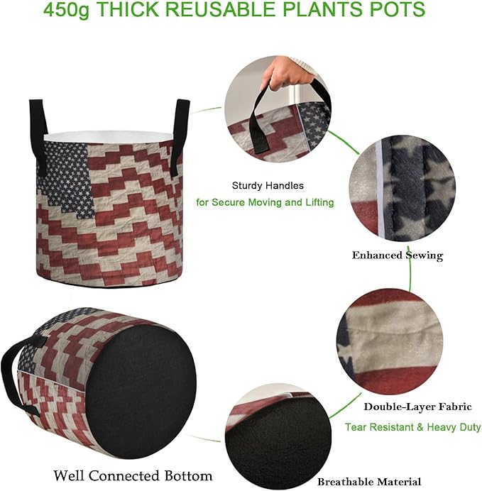 3 Gallon American Flag 4th of July Memorial Day Heavy Duty Grow Bag Containers Breathable Planter Pot with Handles for Potato Tomato Fruits Vegetables Flowers