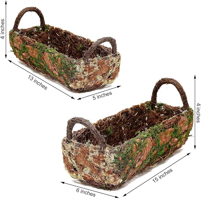 Efavormart Set of 2 | Preserved Moss Planter Box Flower Baskets with Handle - 13" & 15"
