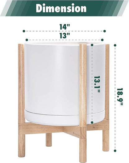 D'vine Dev Ceramic Planter with Natural Stand - 14 Inch Modern Round Flower Pot with Wood Planter Holder, White, 55-B-R-1