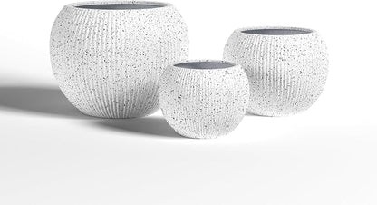 DTY Mount Sherman 12.6" D x 10'' H (Pot Opening 8.5") Fiberstone Round Planter with Drainage Hole, Smooth Finishes, Weather Resistant for Indoor and Outdoor, 2 Extra Coco Mats - White Ribbed,Small