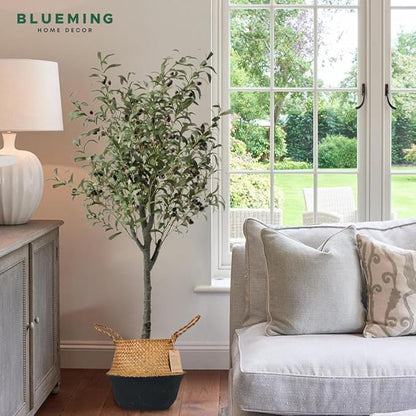 Blueming Large Seagrass Planter Basket – Wicker Planter Pot for Olive Trees, Faux Plants, or Snake Plant, Woven Rattan Planters for Modern Home Decor (Black Bottom, Large)