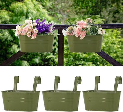 3 Pack Metal Railing Planters, 10.5" Oval Hanging Flower Pots with Detachable Hooks & Drainage Holes, Fits Rails up to 2.36", Galvanized Iron Fence Bucket for Balcony Garden Patio - Green