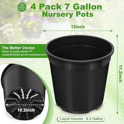 4 Pack 7 Gallon Pots for Plants, 7 Gallon Plastic Nursery Pot with Drainage Holes, Sturdy Plastic Plant Pots for Nursery Garden, Flowers, Succulent Outdoor Indoor (Black, 7 Gal- 4 Pack)