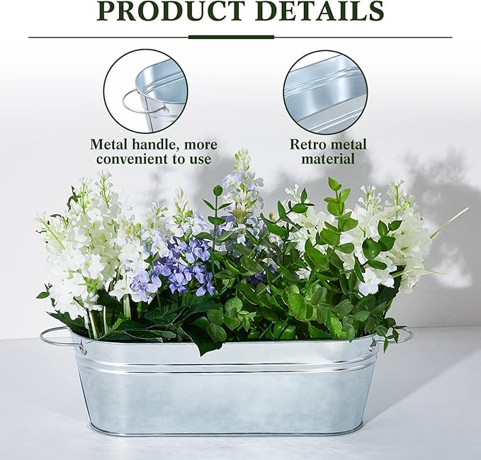 Gejoy 12 Pcs Small Galvanized Oval Planters With Handles - Rustic Tub Flower Pot, Silver Metal Buckets for Outdoor Farmhouse Decorations, 11.42 x 3.94 x 2.99 Inch