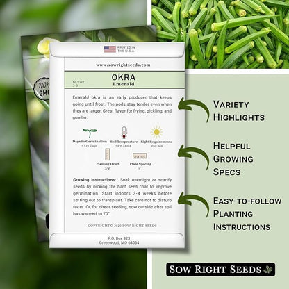 Sow Right Seeds - Emerald Okra Seeds for Planting - Non-GMO Heirloom Packet with Instructions to Plant a Home Vegetable Garden - Classic Green Pods on Tall Stalks - Make Fried Okra (1)