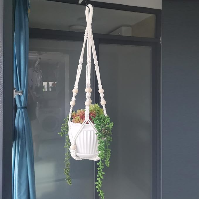 Macrame Plant Hanger 35", Set of 2 No Tassel Hanging Plant Holder, Sturdy Flower Pot Holder with 4 Hooks - Ivory