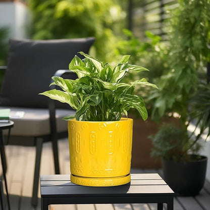 Ceramic Pots for Plants, 10 Inch Plant Pot with Drainage Holes and Tray, Round Planter for Indoor Outdoor Plants, Modern Decorative Flower Pots, Office Decor, Birthday Gift for Women, Yellow