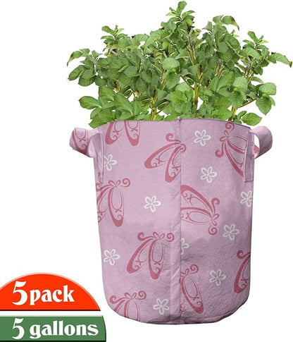 Ambesonne Ballet Grow Bags 5-Pack, Pointe Shoes with Flowers, Heavyduty Fabric Pots with Handles for Plants, Pink White