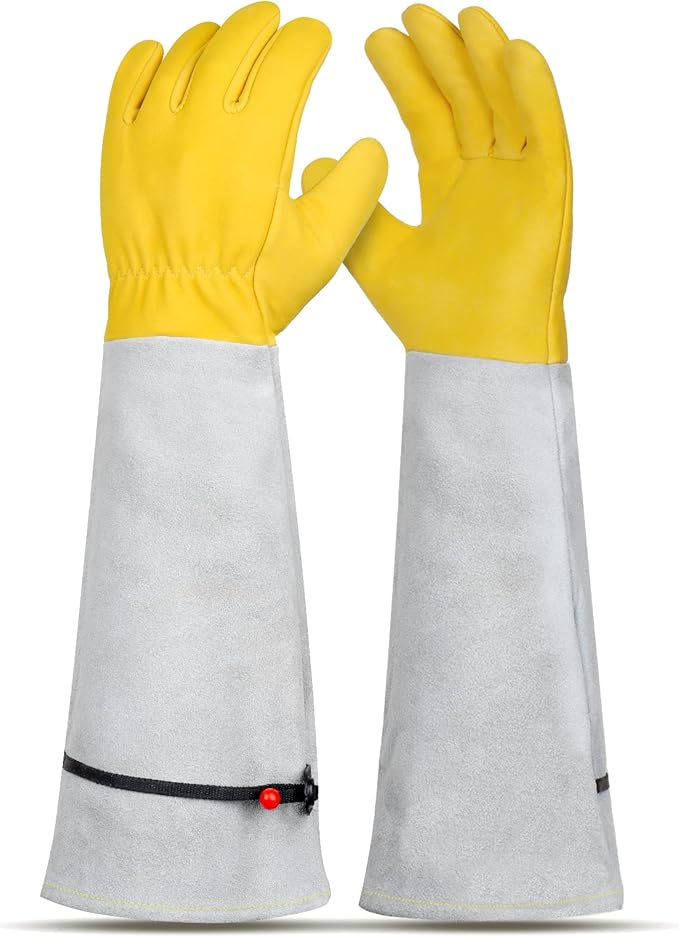 Gardening Gloves for Women/Men - Adjustable Cuff Goatskin Leather Elbow Long Sleeve Garden Gloves Gauntlet Puncture Thorn Proof Cactus Planting Rose Pruning Gloves Protective Work Gardener Gifts