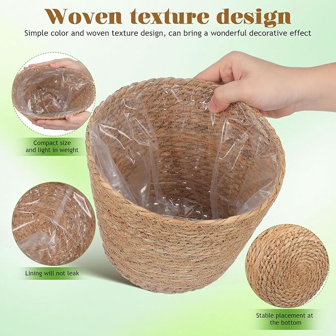 Healifty Straw Woven Plant Basket 2PCS Rattan Flower Basket Indoor with Plastic Liner Natural Stylish for Rustic Boho Home Farmhouse Floor Potted Pots Decor