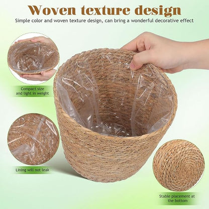 Healifty Straw Woven Plant Basket 2PCS Rattan Flower Basket Indoor with Plastic Liner Natural Stylish for Rustic Boho Home Farmhouse Floor Potted Pots Decor
