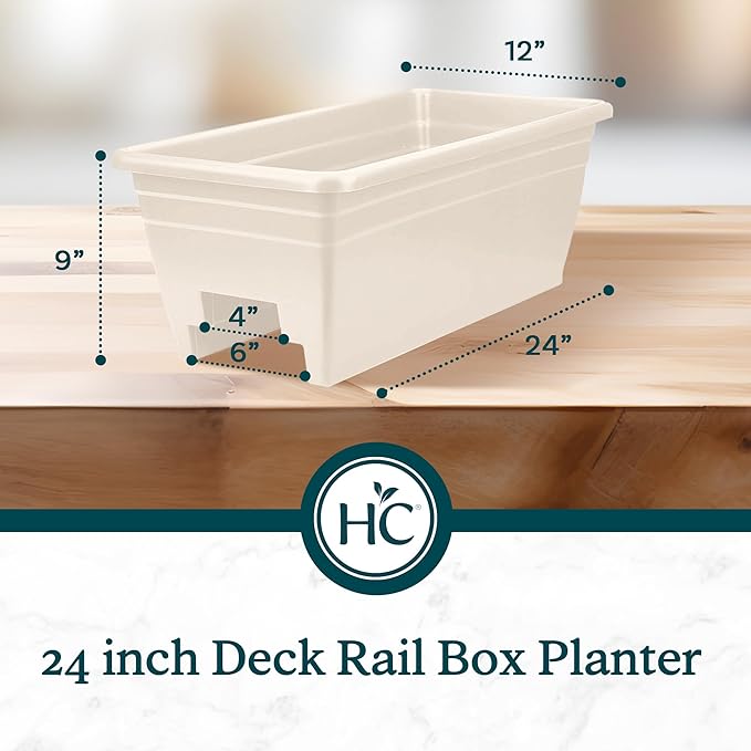 The HC Companies 24 Inch Wide Heavy Duty Plastic Deck Rail Mounted Garden Flower Planter Boxes with Removable Drainage Plugs, 2 Pack, White