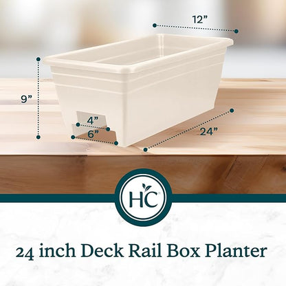 The HC Companies 24 Inch Wide Heavy Duty Plastic Deck Rail Mounted Garden Flower Planter Boxes with Removable Drainage Plugs, 2 Pack, White