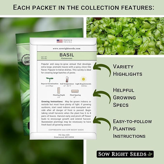 Sow Right Seeds - Basil Seed Collection for Planting - Non-GMO Heirloom Varieties for Indoor & Outdoor Gardens - Genovese, Thai & Opal - Great for Hydroponics Growing - Ideal Gardening Gift