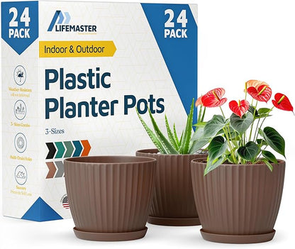 Brown 6-Inch Plant Pots with Drainage & Saucers 24 Pack, Indoor & Outdoor Planters for Houseplants, Herbs, and Flowers, Durable & Weatherproof Material, Stackable, Lightweight, Minimalist Design