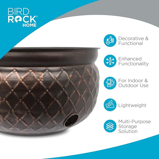 BIRDROCK HOME Water Hose Holder - Decorative Metal Pot, Indoor or Outdoor, Garden Storage Organizer, Patio Portable Bucket - Embossed Steel w/Copper Accents, Holds up to 100ft Hoses, Medium No Lid