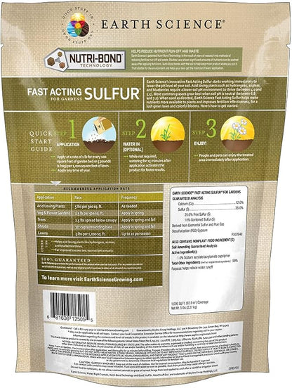 Earth Science Fast Acting Sulfur Granules – 5lb – Reduces Soil pH and Nutrient Runoff, Improves Growth & Color for Acid-Loving Plants, Long-Lasting Lawn Care Supplement