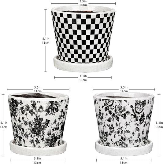 Set of 3 Black Plant Pots, Small Flower Pots Round Planter Pot with Drainage Hole and Saucers Modern Ceramic Planters for Indoor Plants Succulents Cactus Orchid Garden 5.5 Inch Outdoor Plant Pot