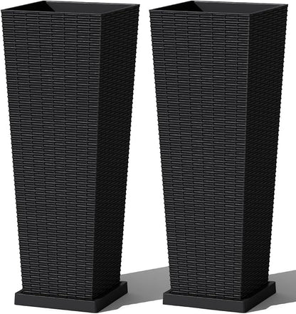Greesum Set of 2 Tall Plastic Planters with Saucer, 32 Inch Large Pots with Drainage Trays, Weather-Resistant Plastic Plant Containers for Patio, Porch, Garden,Black