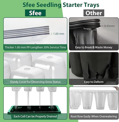 Sfee 5 Pack Seed Starter Tray Kit, 60 Cells Seedling Starter Trays with Humidity Dome and Base Greenhouse Growing Trays, Reusable Seed Germination Seedling Tray with Garden Tools Labels (Green)