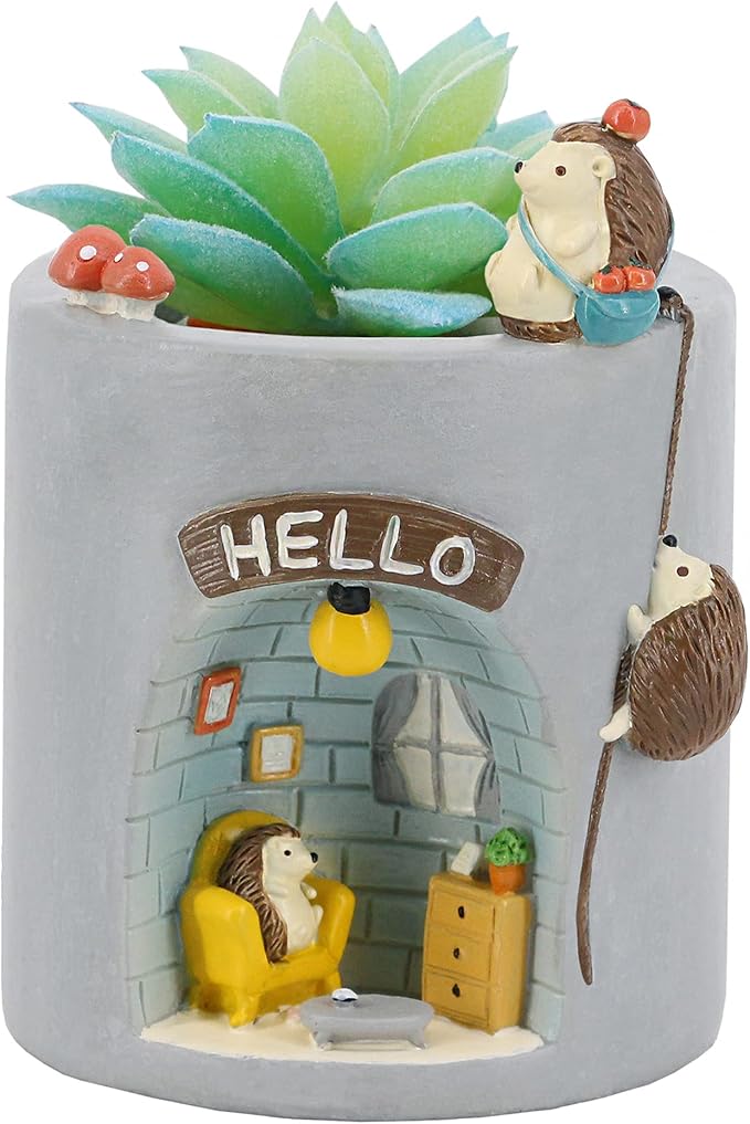 Segreto Creative Resin Plants Flower Pots Planter with Drainage for Succulent Planting Pot Decorated Desk,Garden,Living Room (Hedgehog)