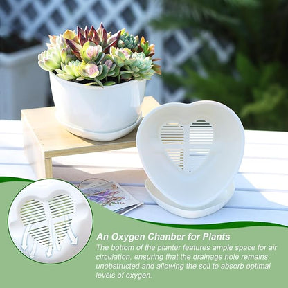 Succulent Pots Heart-Shaped Shallow Herb Planters with Drainage Hole - 4 Packs Cactus Planter for Home Office Garden Plants Pot Present - Plants Not Included (Off White)
