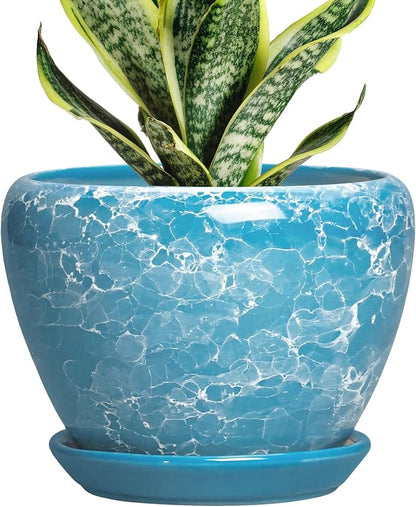 Ceramic Planters for Indoor Plants - 6 Inch Plant Pot with Drainage Hole and Saucer, Round Plant Pots, Modern Decorative Succulent Planter, Desk Decor, Gifts for Plant Lovers, Bubble Blue